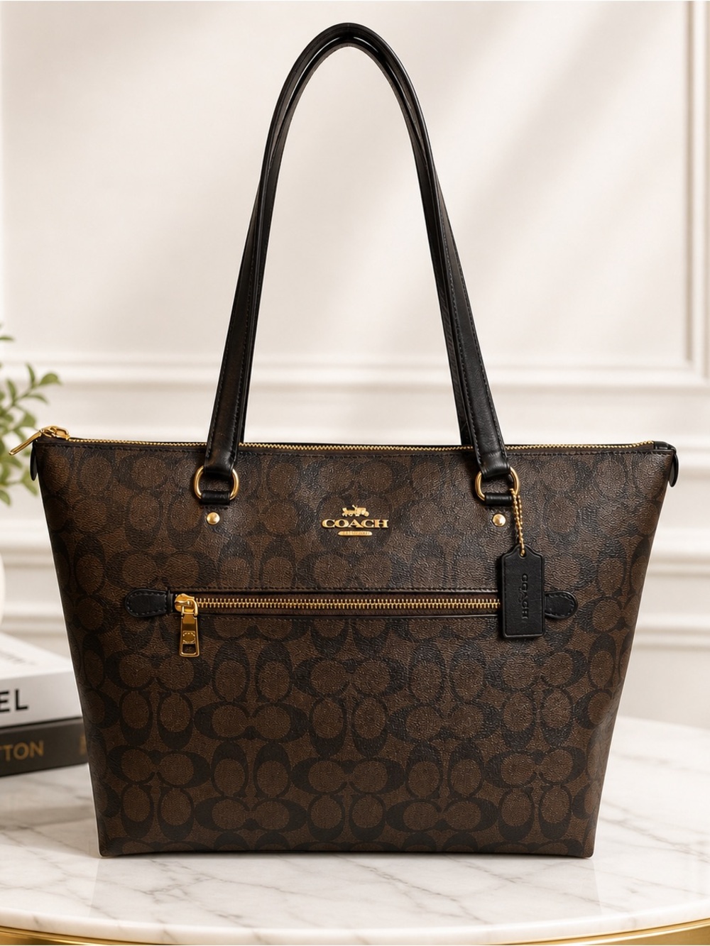 Coach bag Signature Zip Top Tote Brown Black with COA